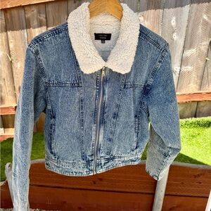 Love Tree Blue Denim Jacket with White Sherpa Collar